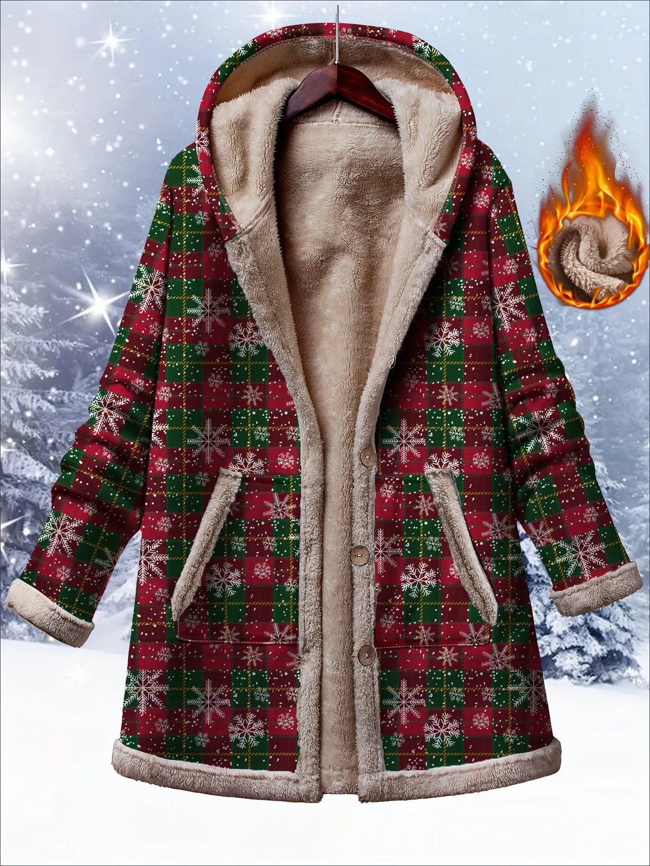 1pc Women'S Plus Size Christmas Snowflake Printed Casual Parka Coat with Hood - Polyester Knit Fabric, Medium Stretch, Warm Fleece Lined, Button-Up with Pockets, Fall/Winter Fashion