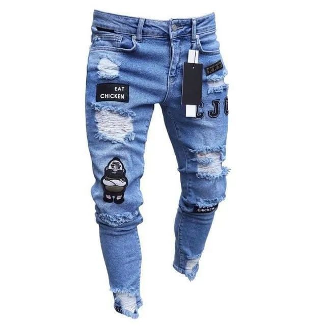 2021 New Men's Slim-Fit Ripped Jeans Men's Painted Jeans Patch Beggar Pants Jumbo Men's Hip Hop Pants Size S-4XL