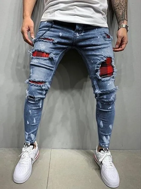 2021 New Men's Slim-Fit Ripped Jeans Men's Painted Jeans Patch Beggar Pants Jumbo Men's Hip Hop Pants Size S-4XL