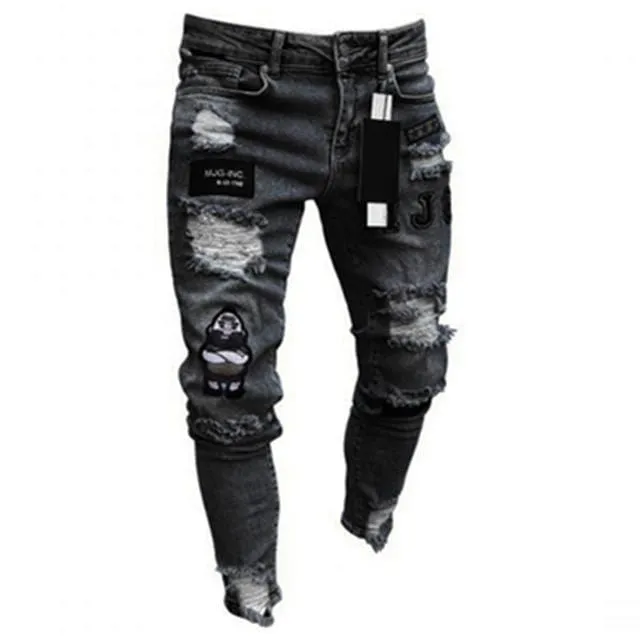 2021 New Men's Slim-Fit Ripped Jeans Men's Painted Jeans Patch Beggar Pants Jumbo Men's Hip Hop Pants Size S-4XL