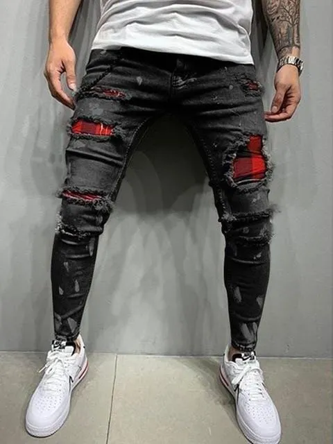 2021 New Men's Slim-Fit Ripped Jeans Men's Painted Jeans Patch Beggar Pants Jumbo Men's Hip Hop Pants Size S-4XL