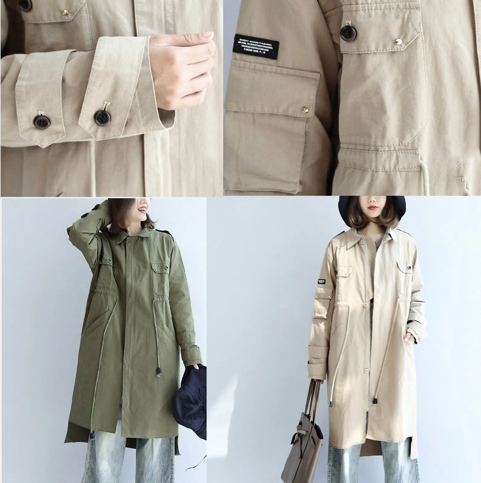 2021 pockets green casual cotton parka plus size tie waist long sleeve trench coats