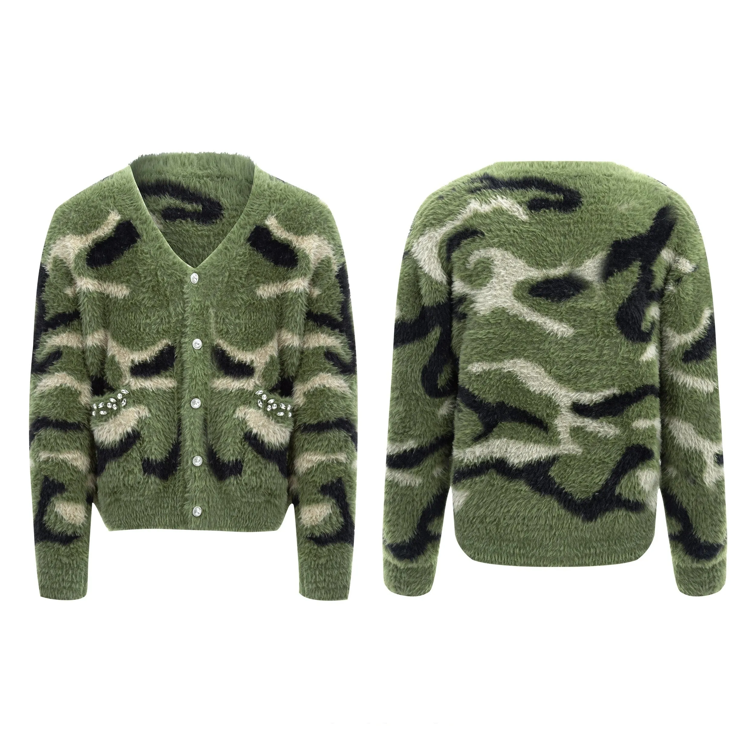 【24s Dec.】Faux Mink Diamond Camouflage Cardigan Sweater