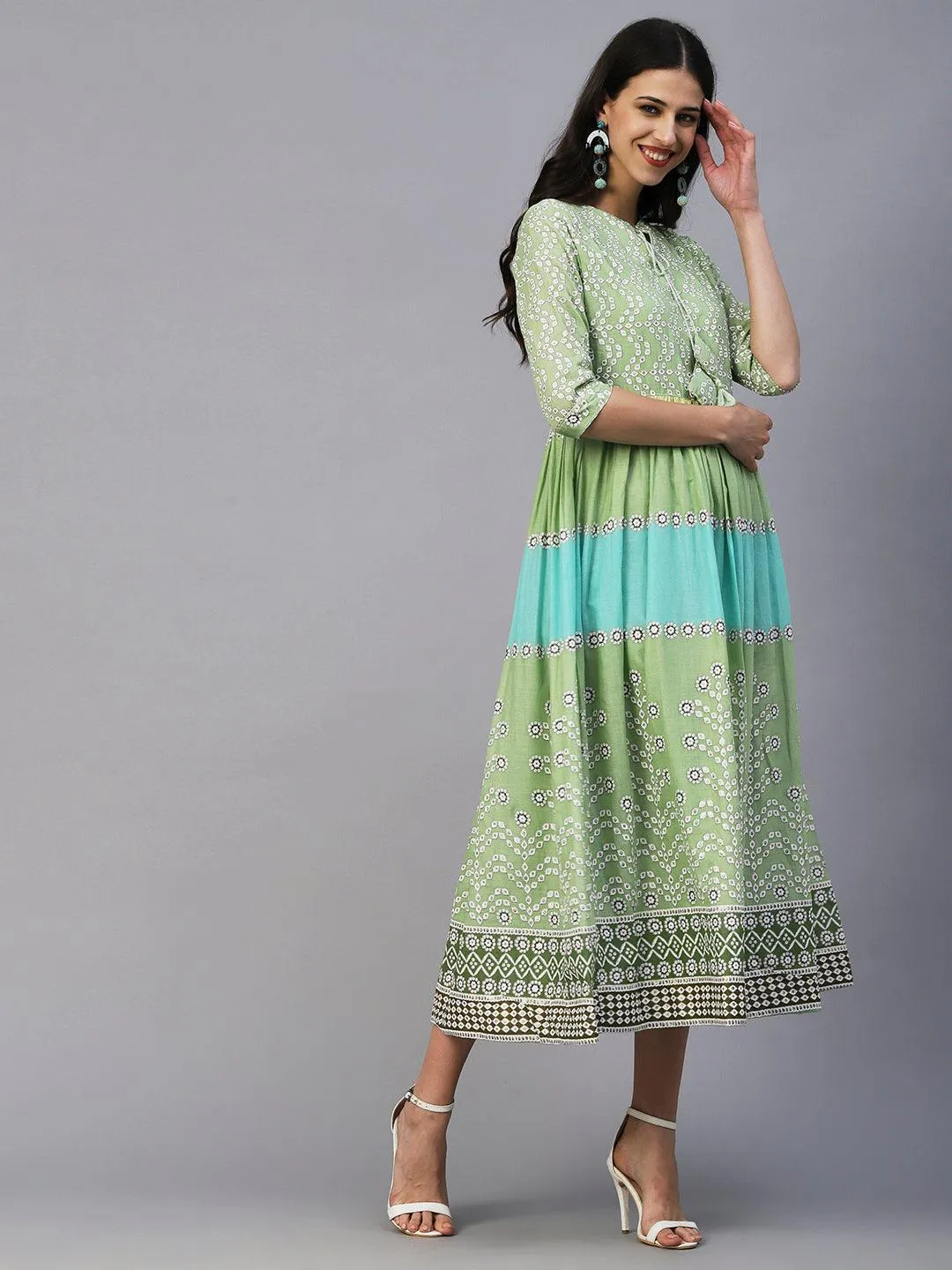 Abstract & Foil Printed Tasseled Flared Maxi Dress - Light Green