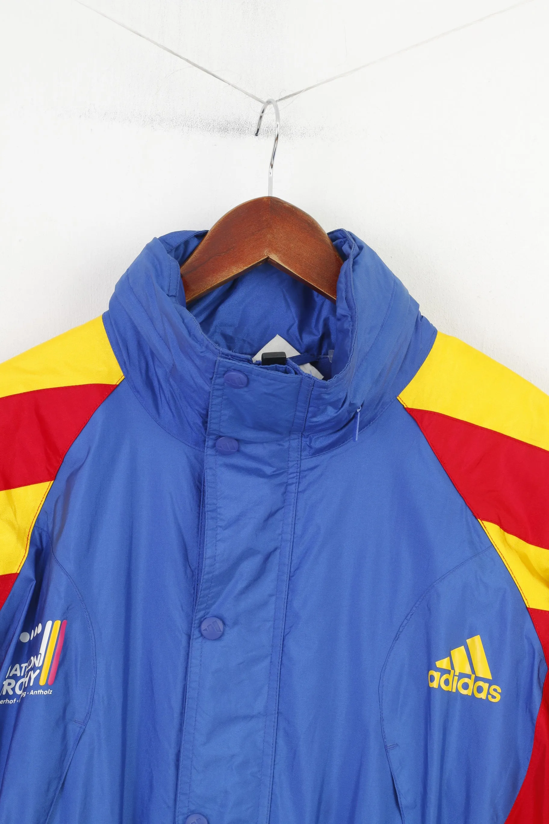 Adidas Men 186 L Jacket Blue Vintage Parka Full Zipper Hidden Hood Nylon 90s Top