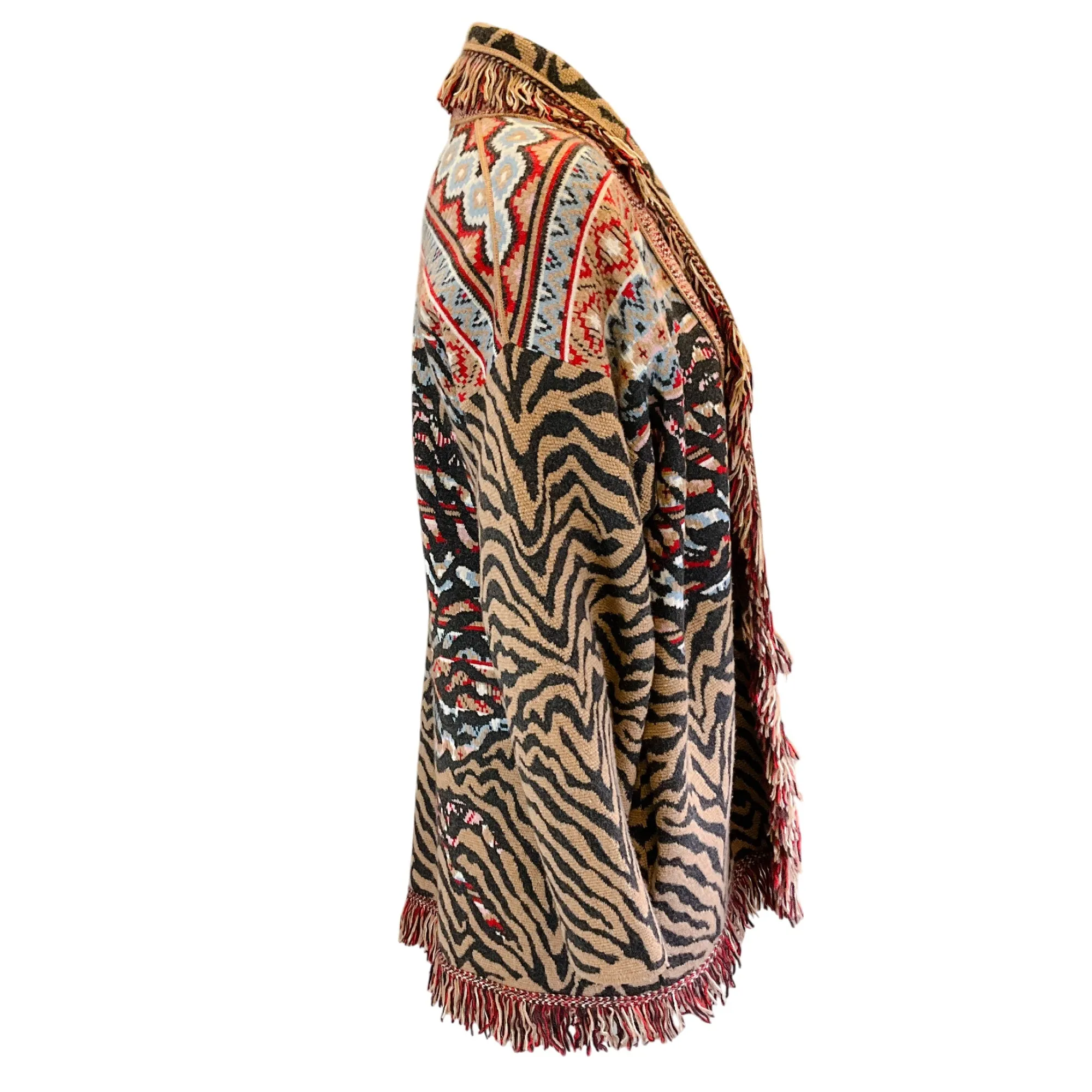 Alanui Tan Multi Tiger Jacquard Fringed Cardigan