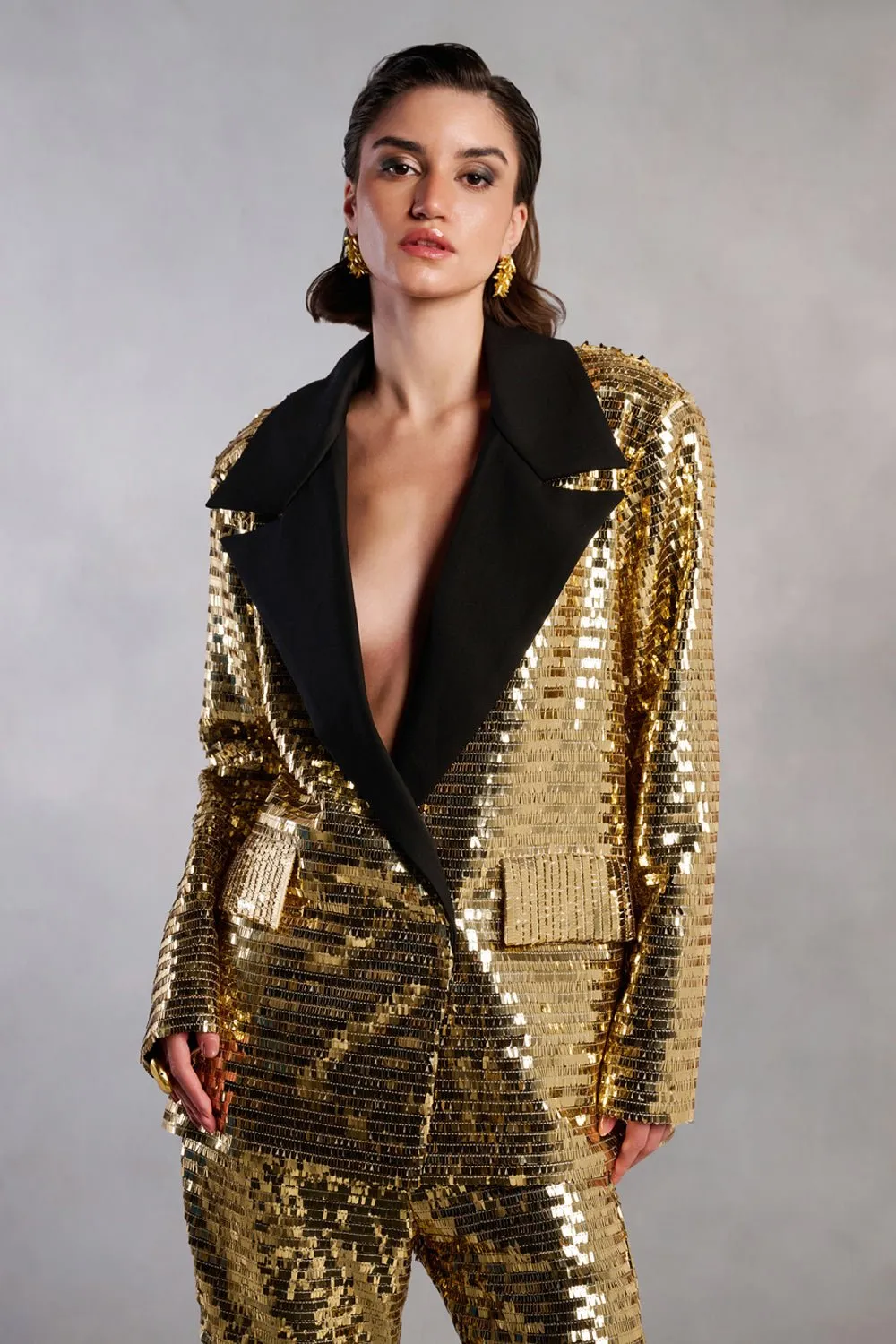 Alexa Gold Sequins Black Collar Blazer and Pants Suit