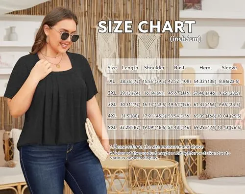 Amrto Womens Summer Plus Size Blouses, Plus Size Tops for Ladies Short Sleeve Plus Size Square Neck Tunic Tops Casual Blouses for Ladies Loose Fit Fashion Ladies Plus Size 2024 Trendy, Purple, XXXL