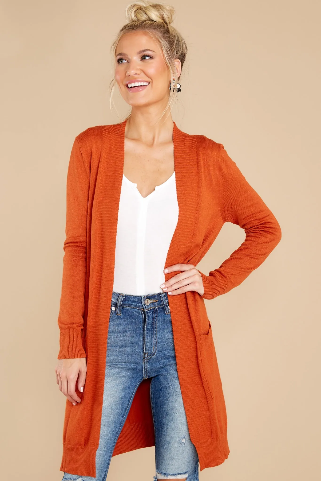 Anticipating This Moment Rust Orange Cardigan