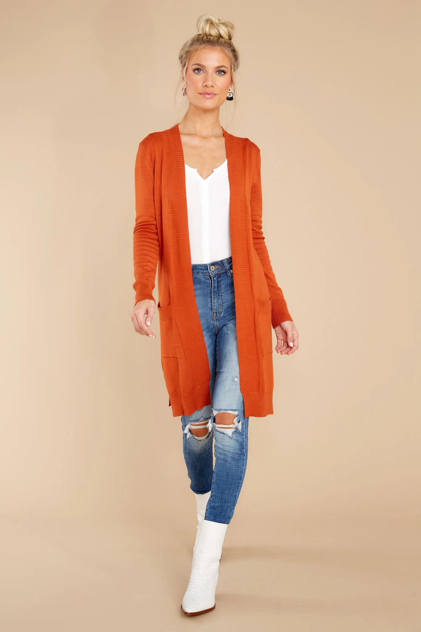 Anticipating This Moment Rust Orange Cardigan