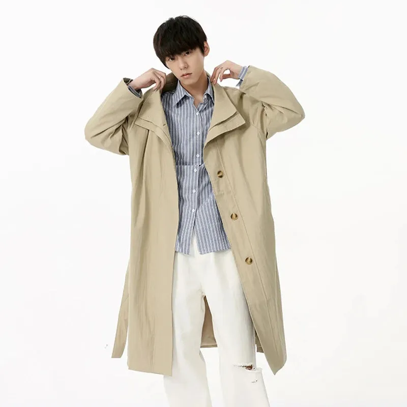 Autumn Trendy Trench British Style Solid Color Temperament Medium Long Coat Men Casual Windbreaker Jacket 9C6934