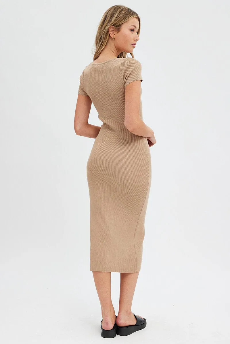 Beige Knit Dress Short Sleeve Bodycon Midi