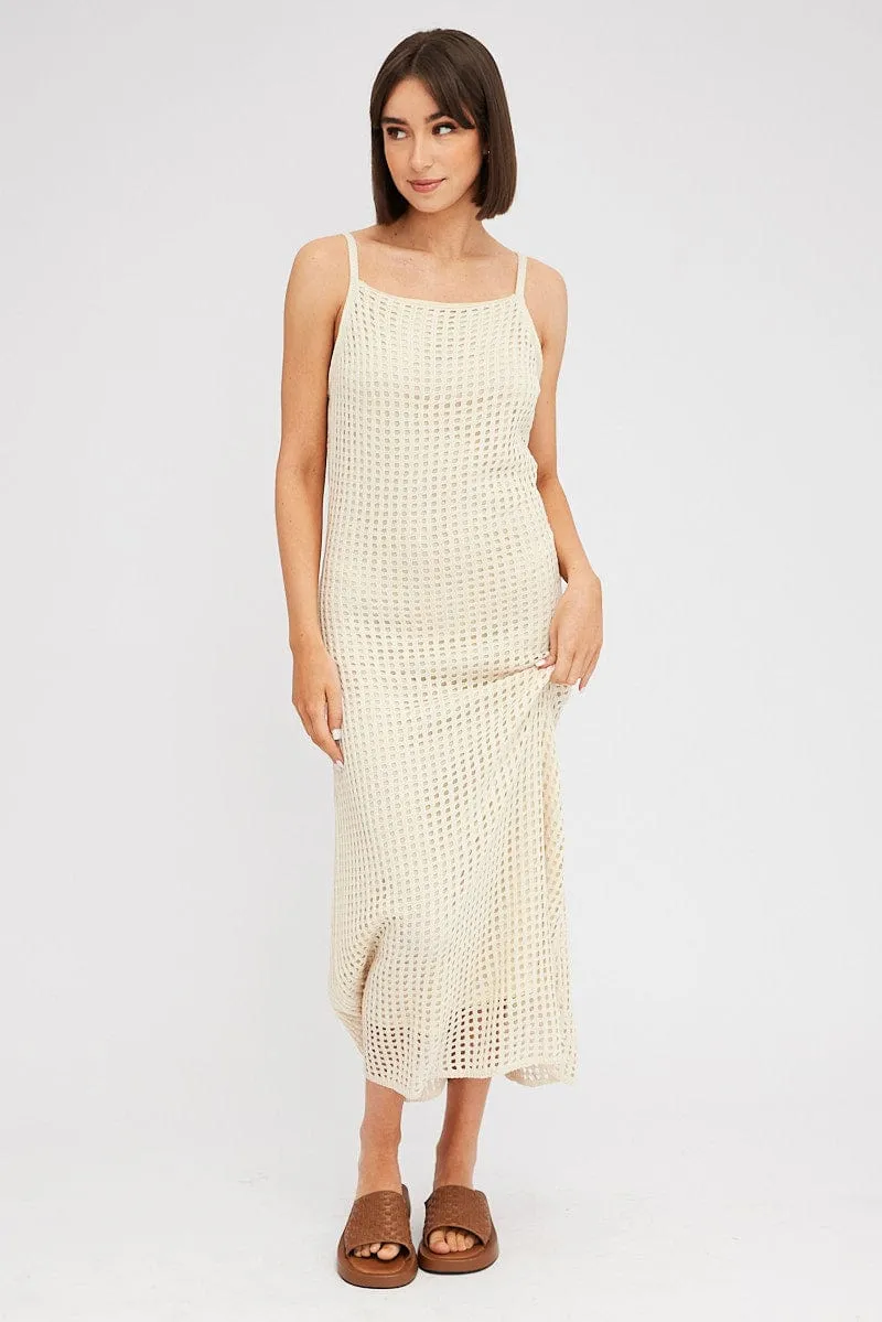 Beige Knit Dress Sleeveless Maxi Crochet