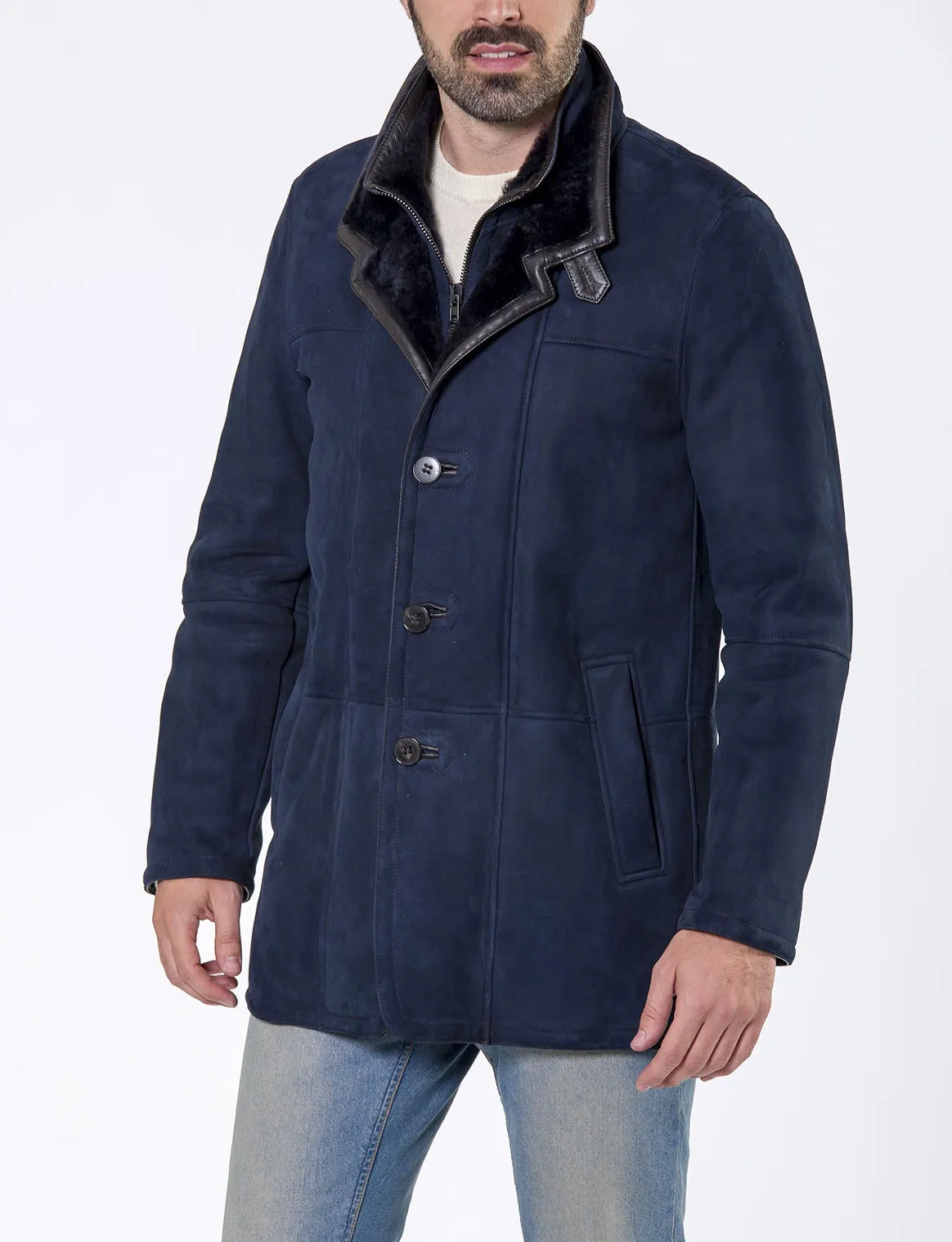 Bergen of Norway Men's Olaf Navy Shearling Coat Merino Potro Blue