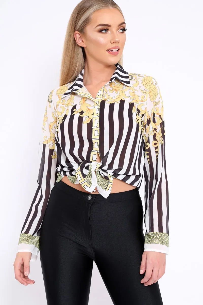 Black and White Striped Shirt with Gold Scarf Print Detail - Jalana