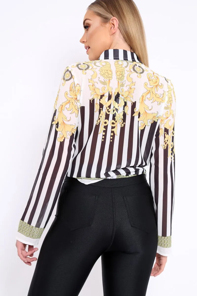 Black and White Striped Shirt with Gold Scarf Print Detail - Jalana