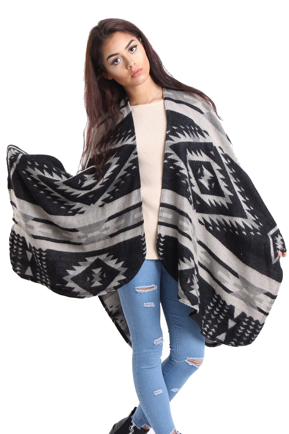 Black Grey White Aztec Blanket Cape