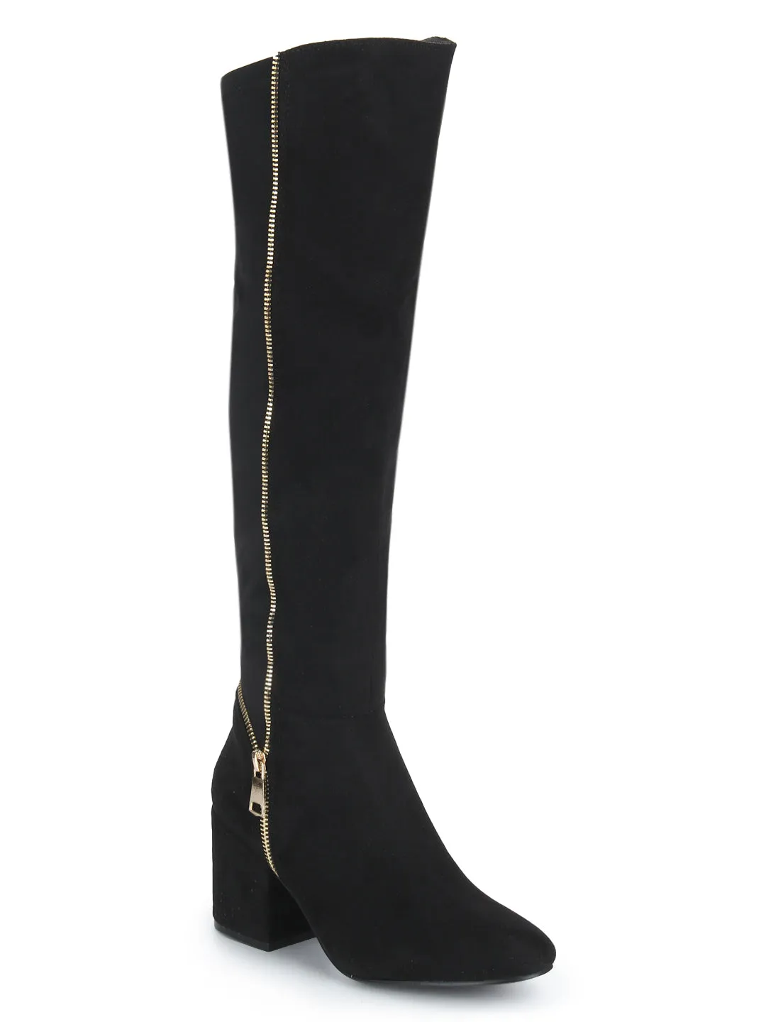 Black Micro Zipper Block Heel Long Boots