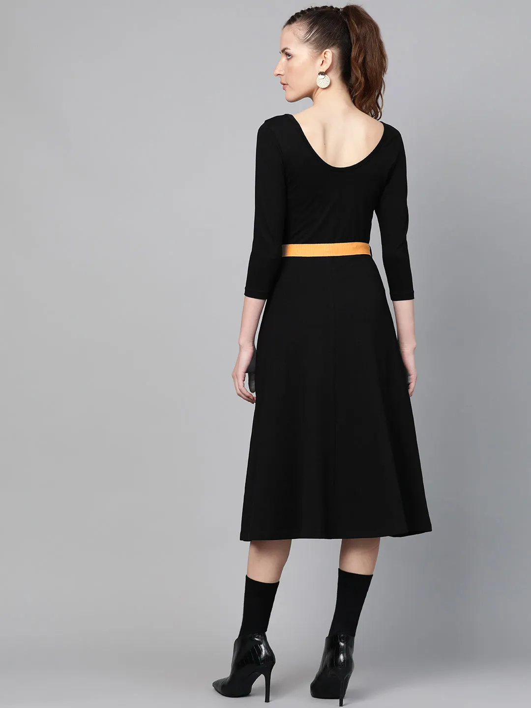 Black Skater Belted Midi Dress