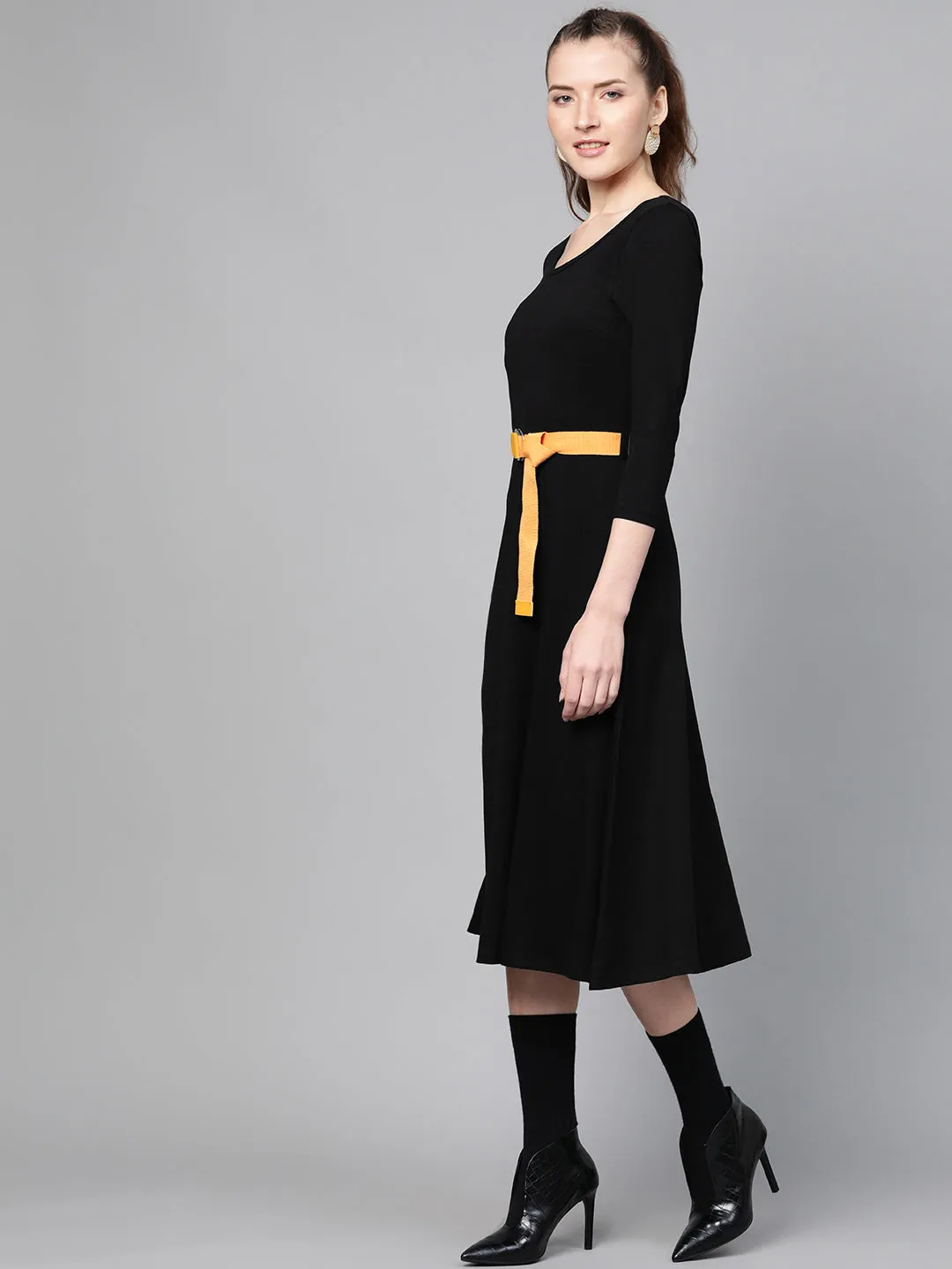 Black Skater Belted Midi Dress