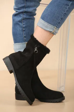 Black Suede Fur Collar Ankle Boots