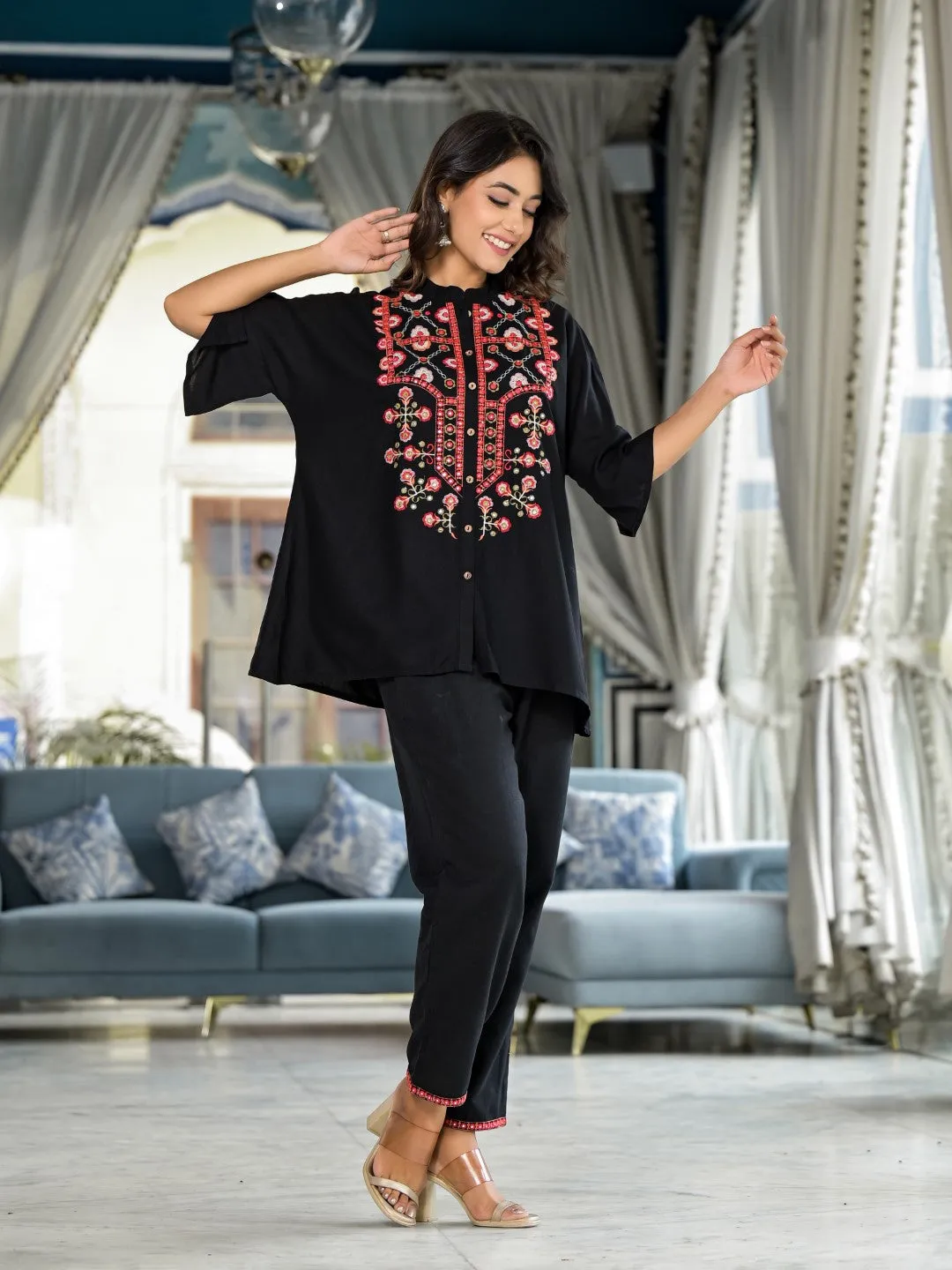 Black Thread Embroidered Liva Rayon Tunic Pant Set With Mirror Work & Buttons