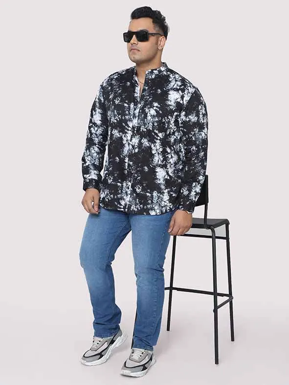 Black Tie Dye Texture Chinese Collar Men's Plus Size Full Shirt