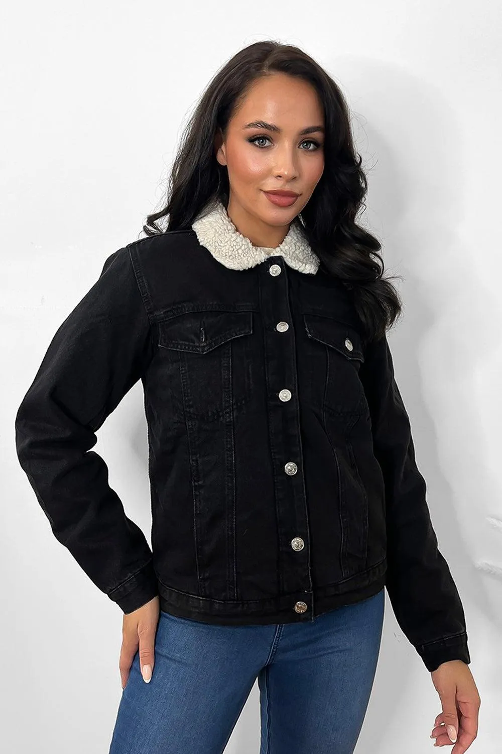 Black Vegan Shearling Denim Jacket