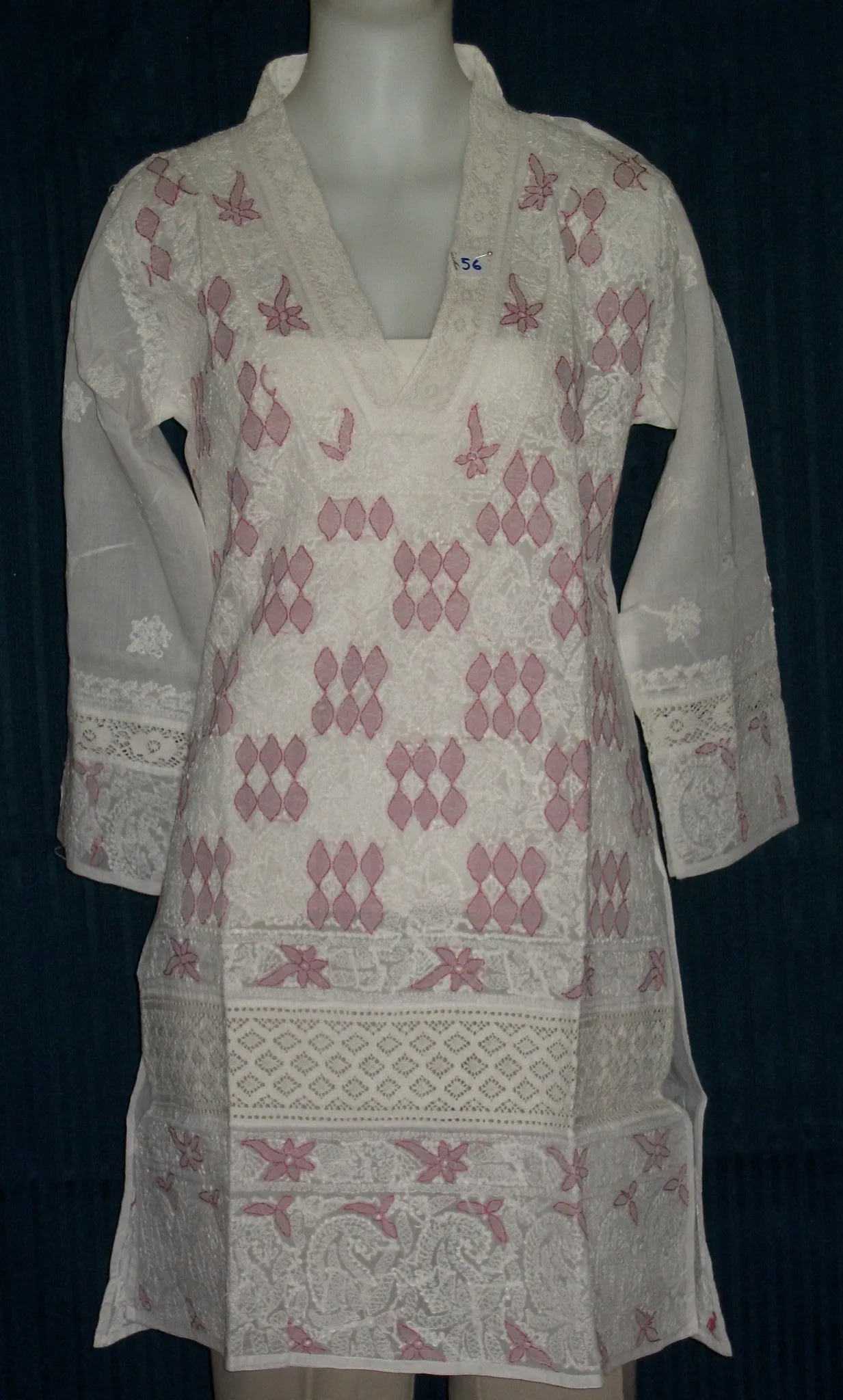 Blouse 056 Cotton Organdy White Hand Embroidered Tunic Top Kurti Medium Size