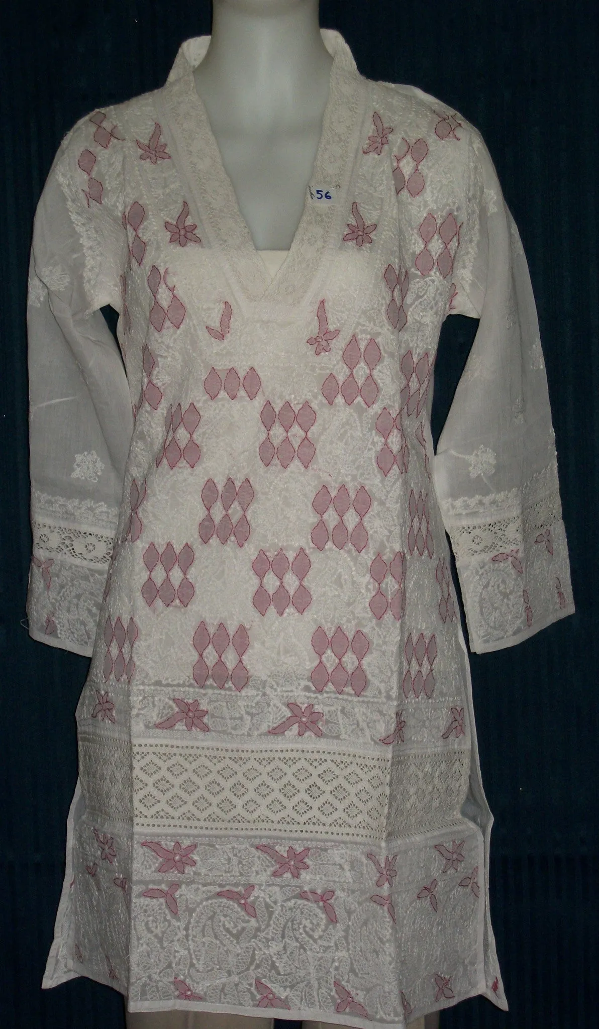 Blouse 056 Cotton Organdy White Hand Embroidered Tunic Top Kurti Medium Size