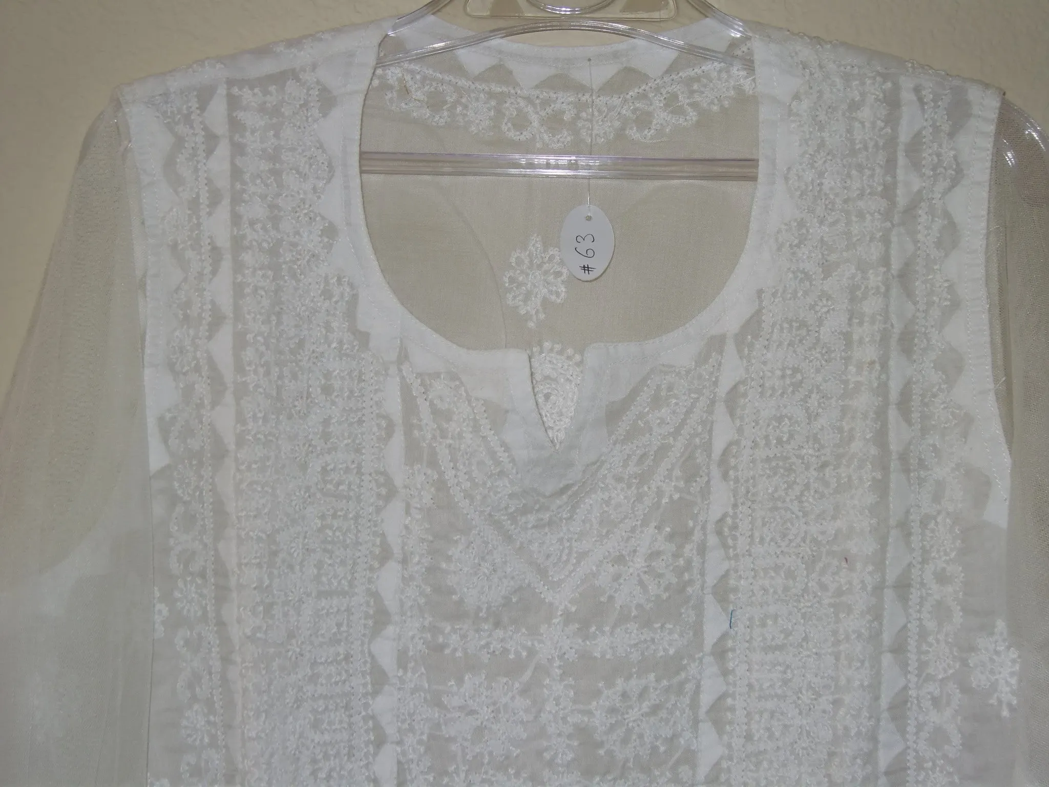 Blouse 063 White Cotton Hand Embroidered Tunic Top Kurti Medium Size