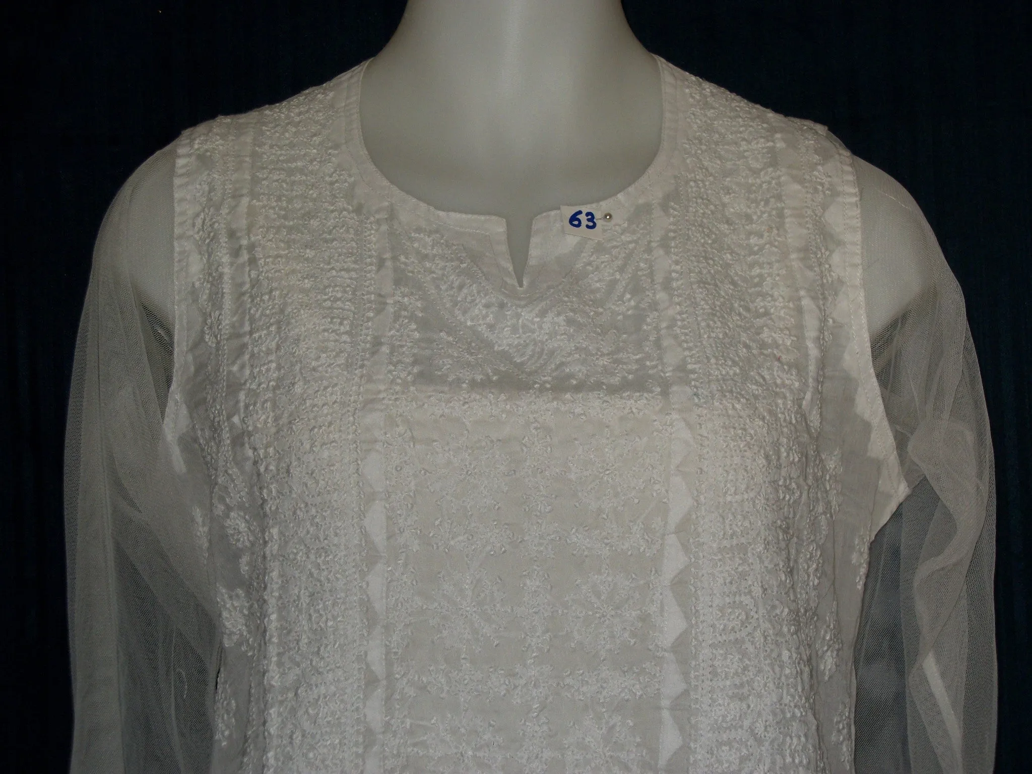 Blouse 063 White Cotton Hand Embroidered Tunic Top Kurti Medium Size