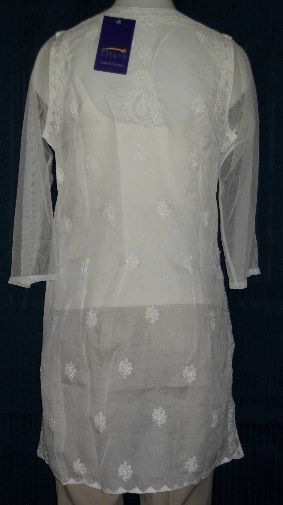 Blouse 063 White Cotton Hand Embroidered Tunic Top Kurti Medium Size