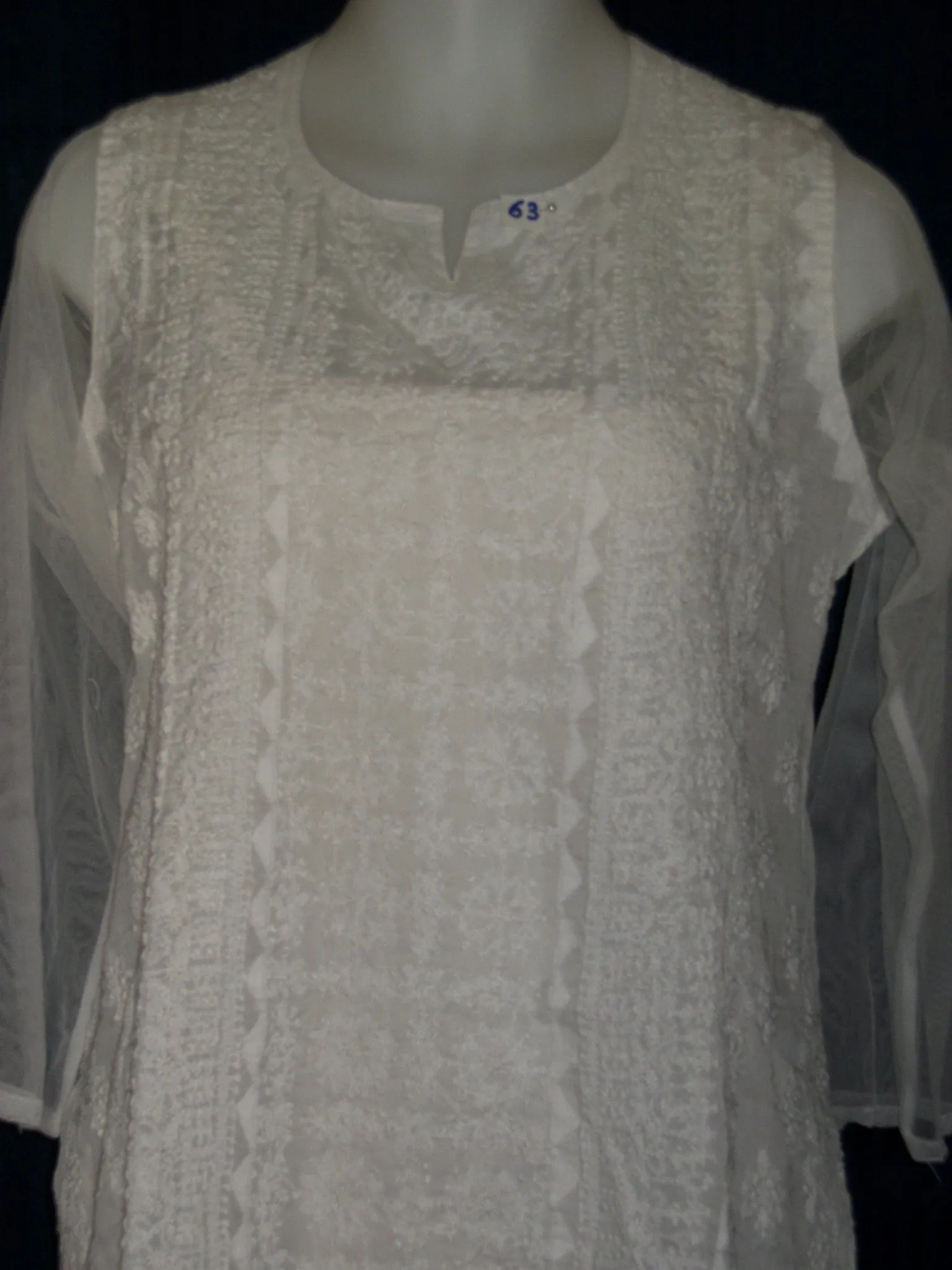 Blouse 063 White Cotton Hand Embroidered Tunic Top Kurti Medium Size