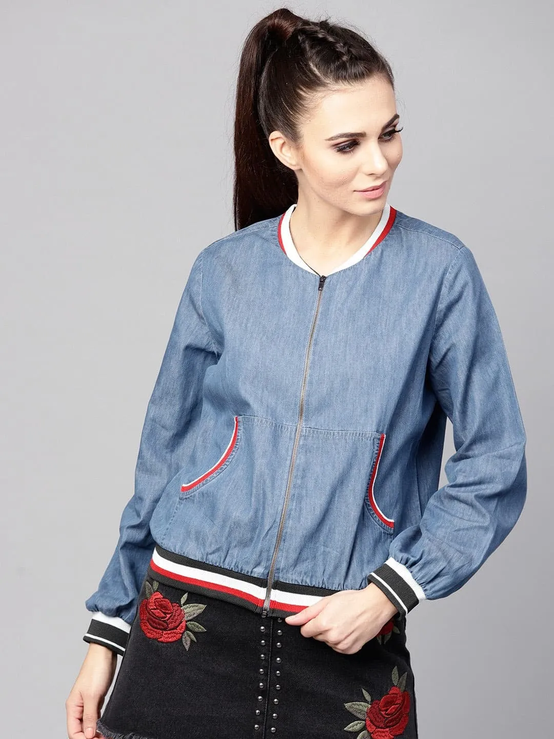 Blue Denim Striped Rib Bomber Jacket