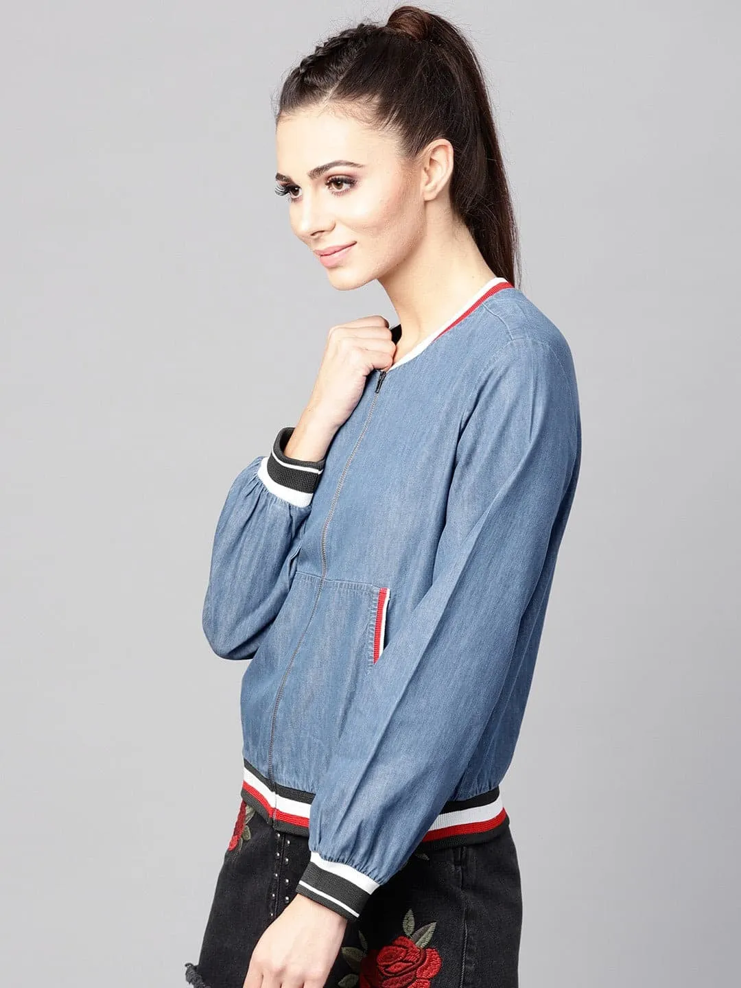 Blue Denim Striped Rib Bomber Jacket