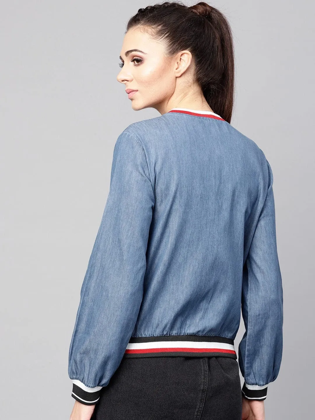 Blue Denim Striped Rib Bomber Jacket