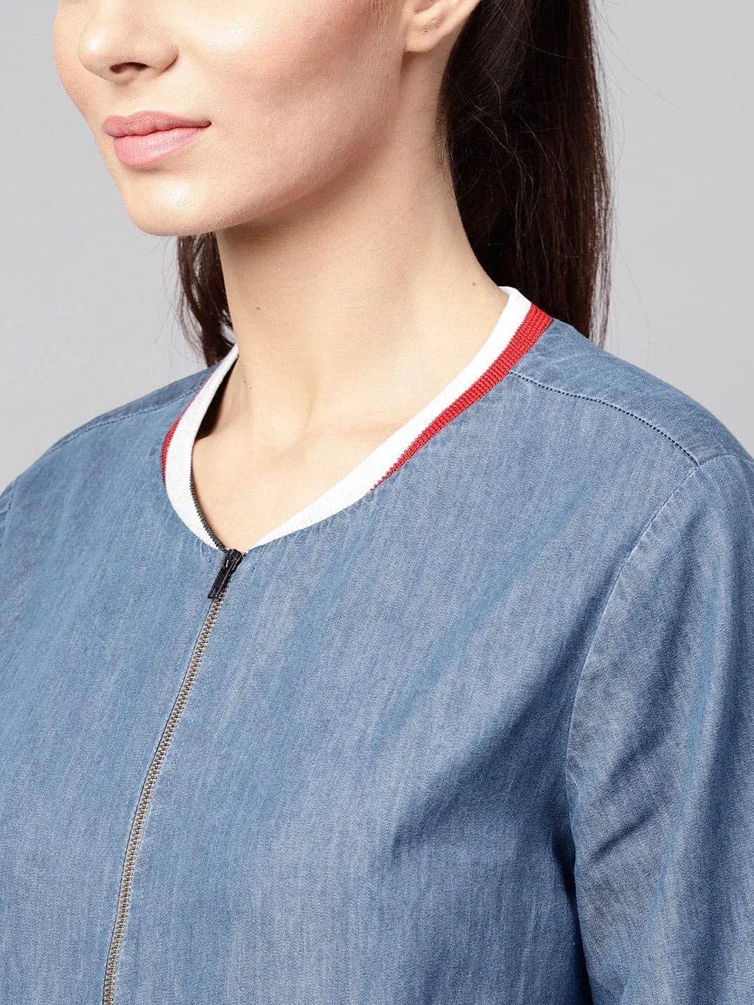 Blue Denim Striped Rib Bomber Jacket