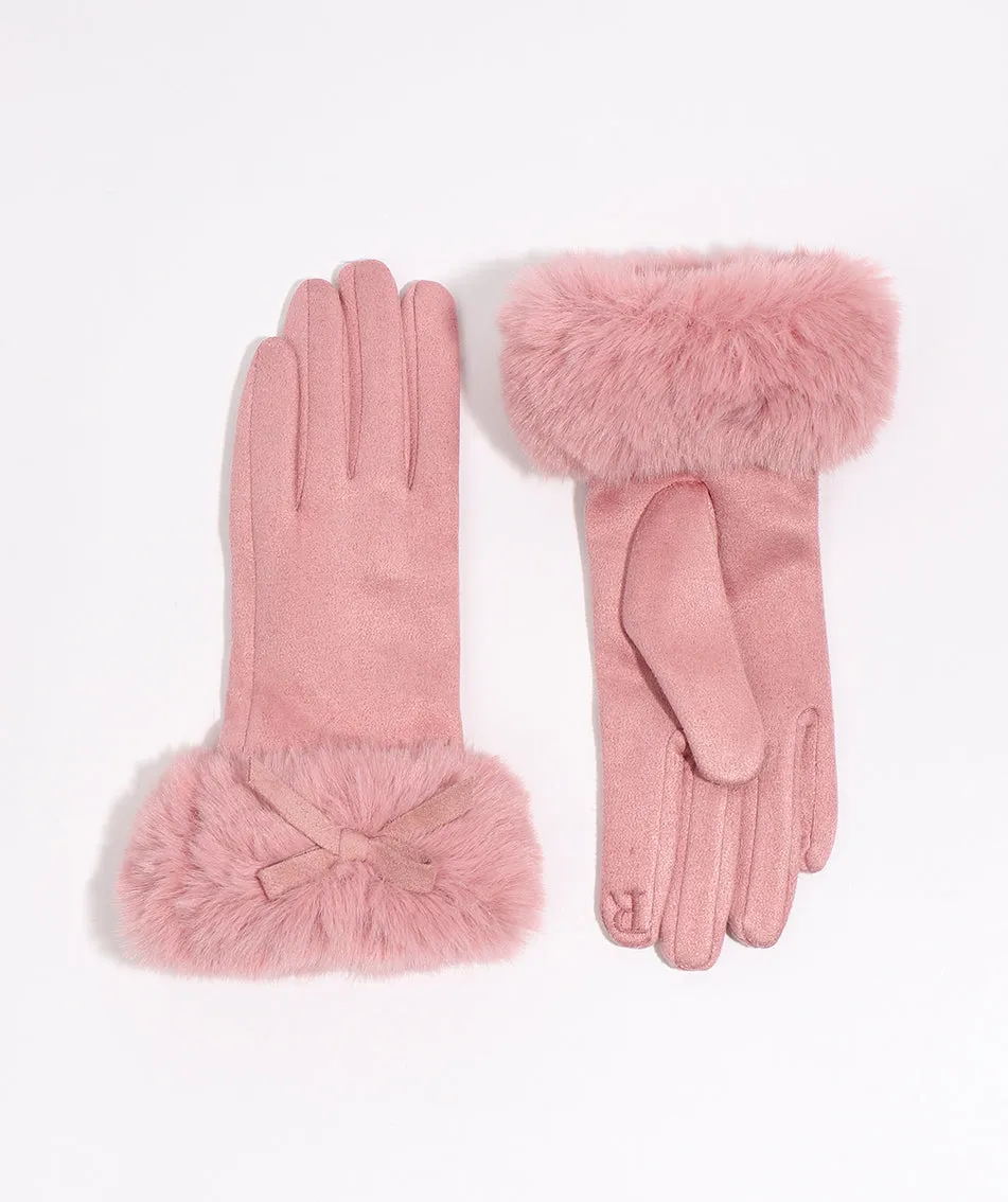 Blush Pink Faux Suede Gloves with Faux Fur Cuffs