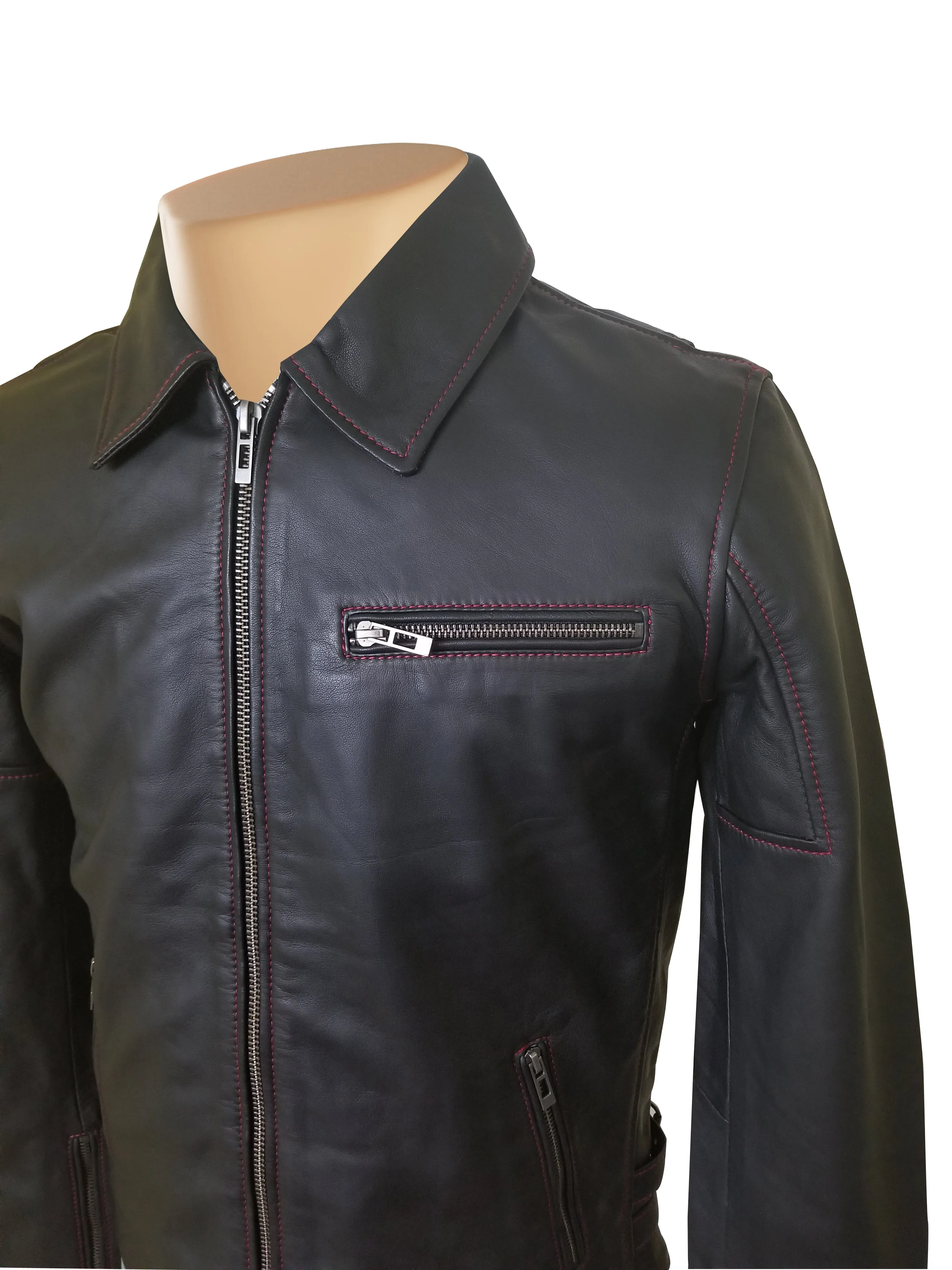 Bonnie's black leather jacket with red stitching