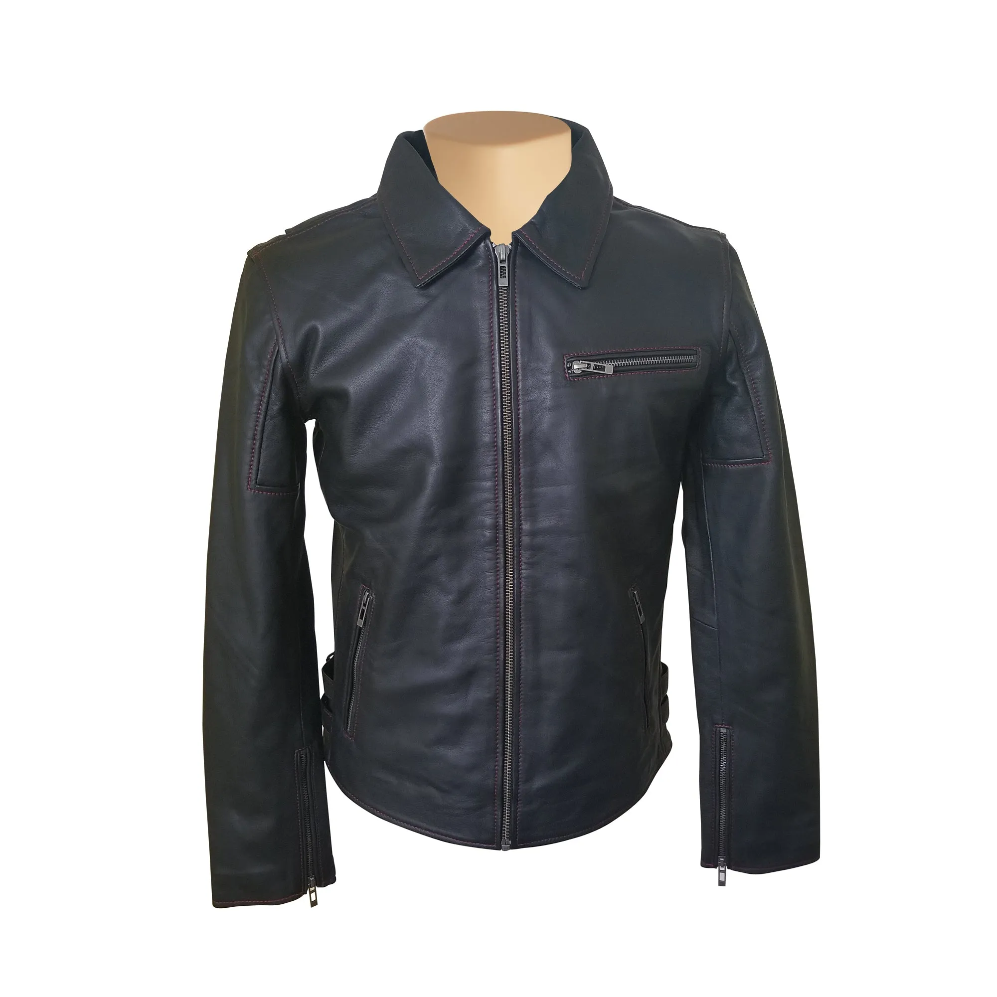 Bonnie's black leather jacket with red stitching