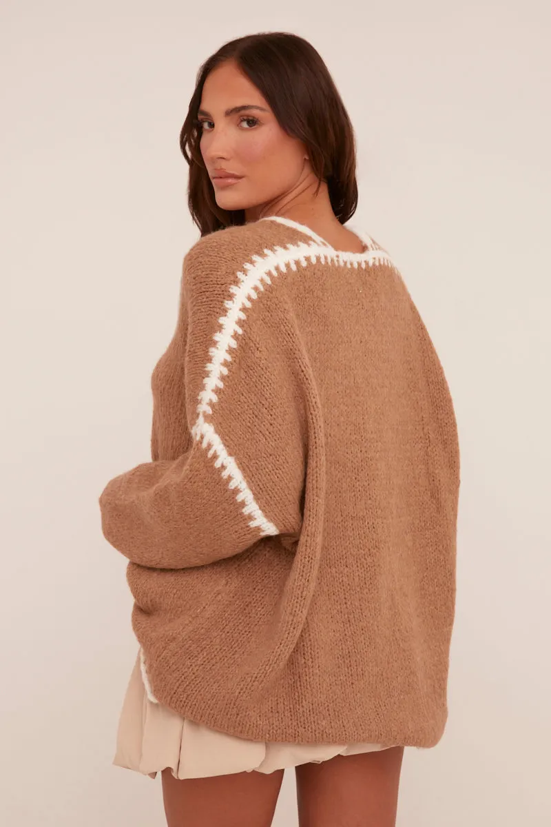 Brown Knit Contrast Stitch Tie Front Cardigan - Oliviamae