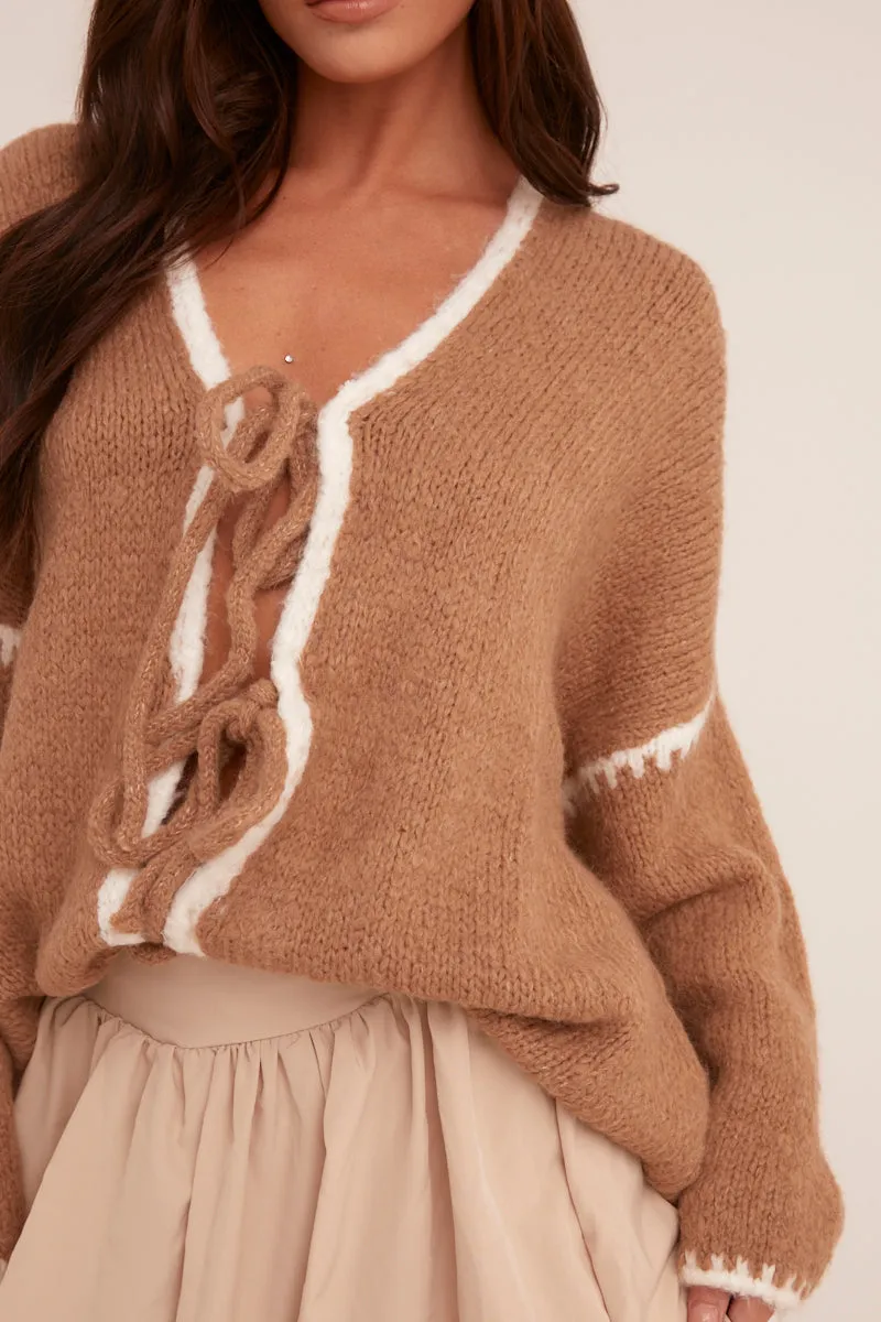 Brown Knit Contrast Stitch Tie Front Cardigan - Oliviamae