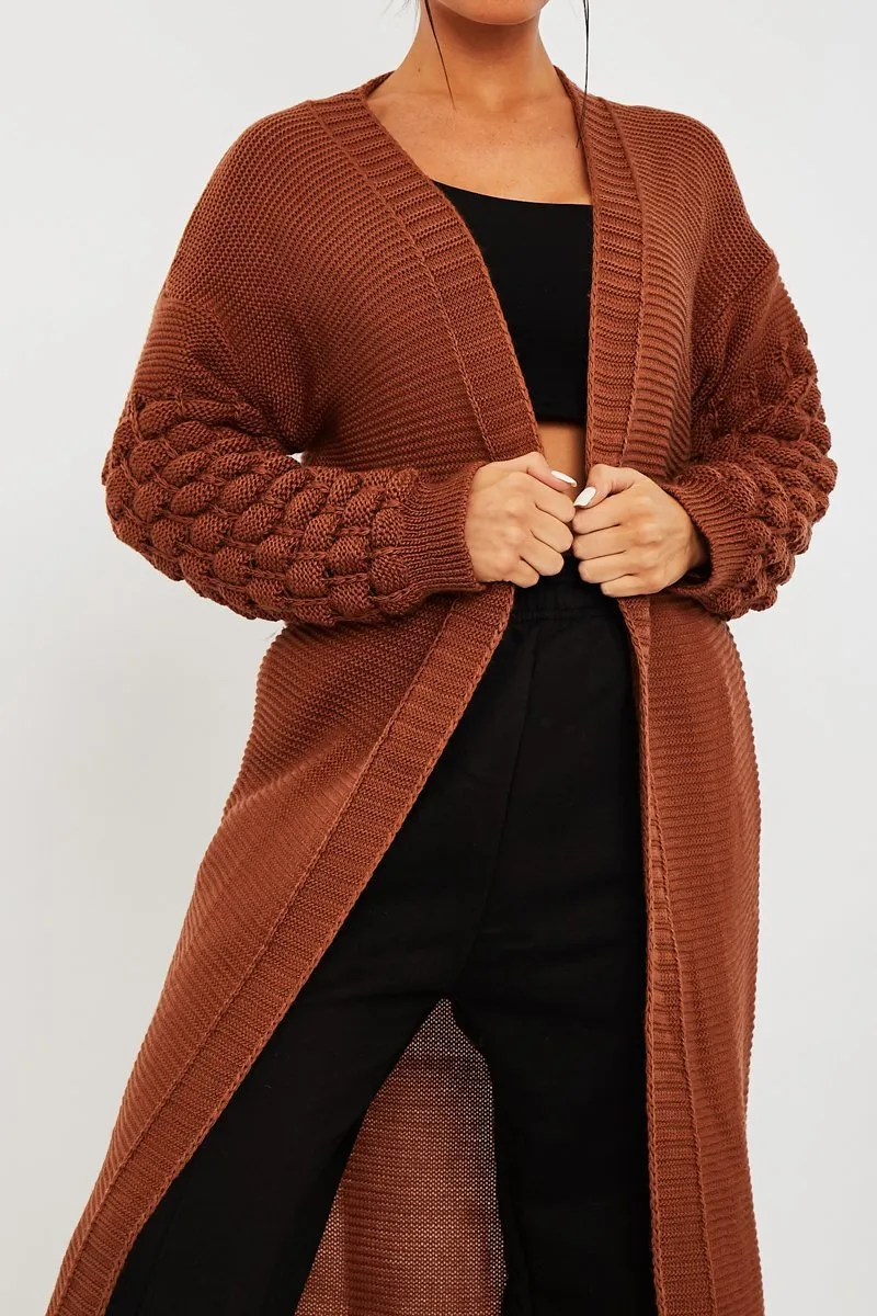 Brown Waffle Sleeve Maxi Cardigan - Davaya