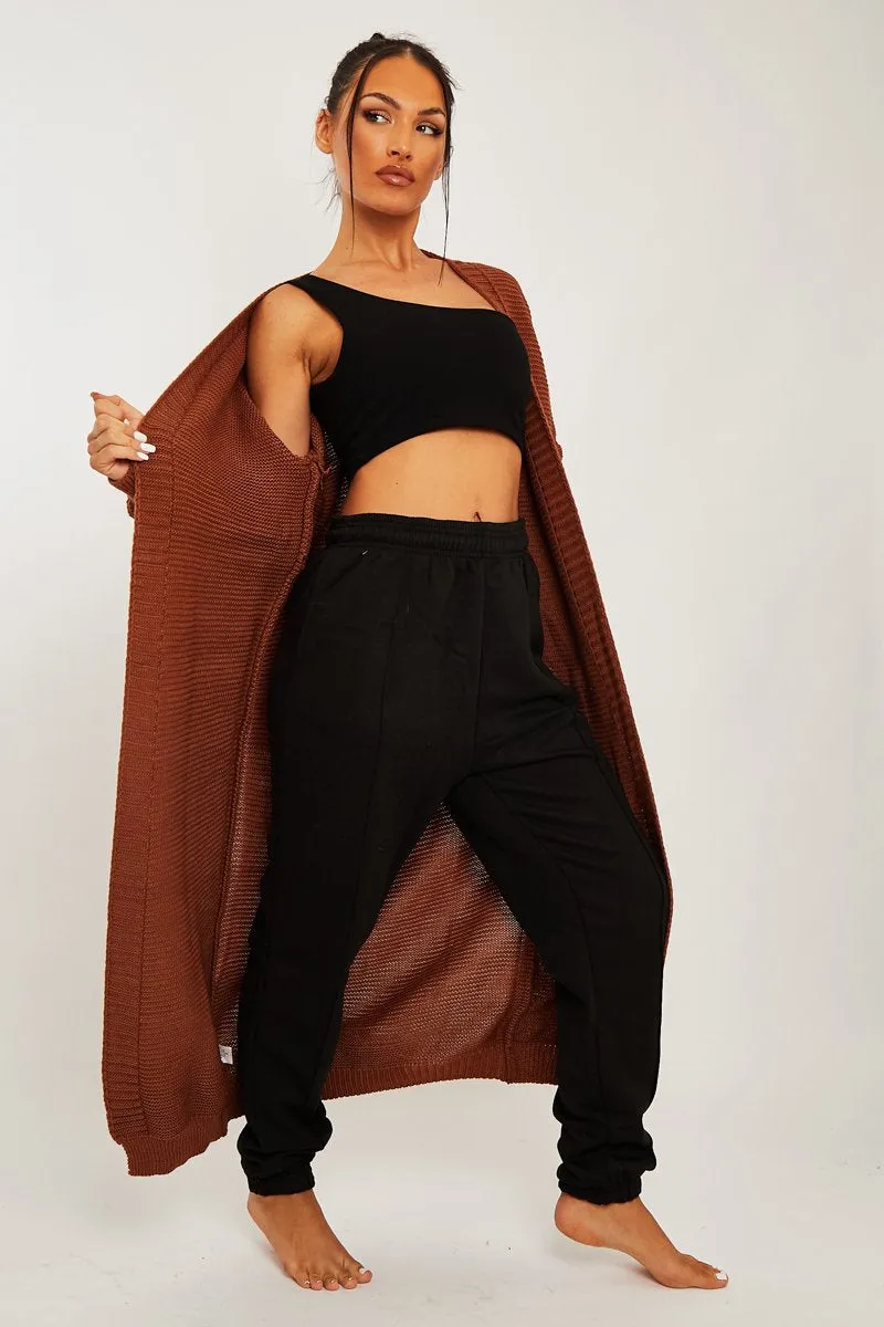 Brown Waffle Sleeve Maxi Cardigan - Davaya