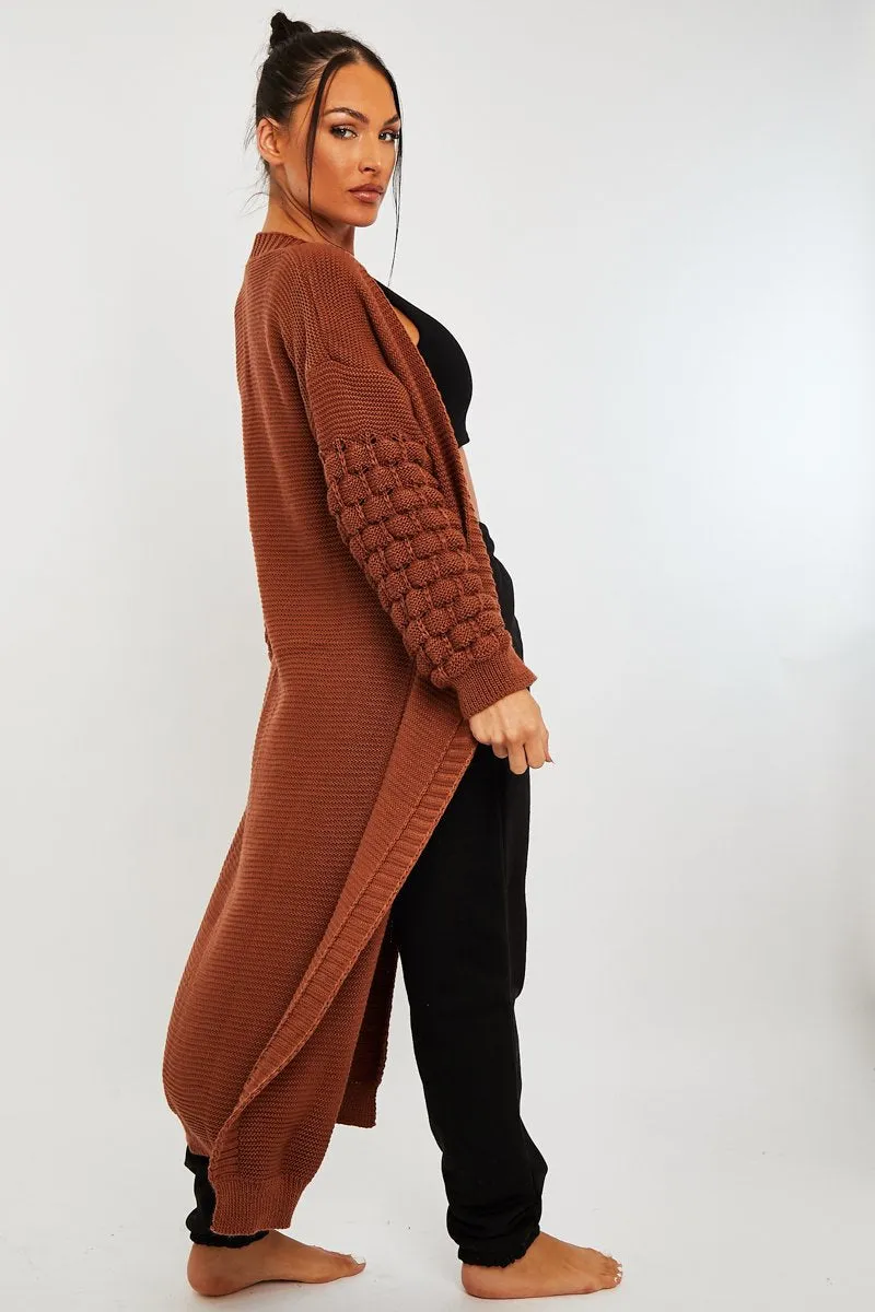 Brown Waffle Sleeve Maxi Cardigan - Davaya