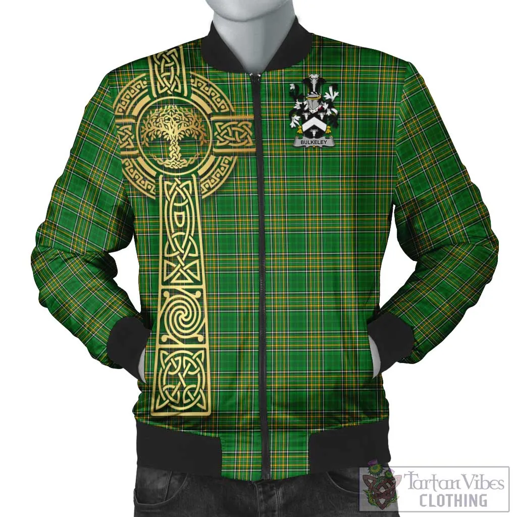 Bulkeley Irish Clan Tartan Bomber Jacket with Coat of Arms Celtic Tree of Life Style