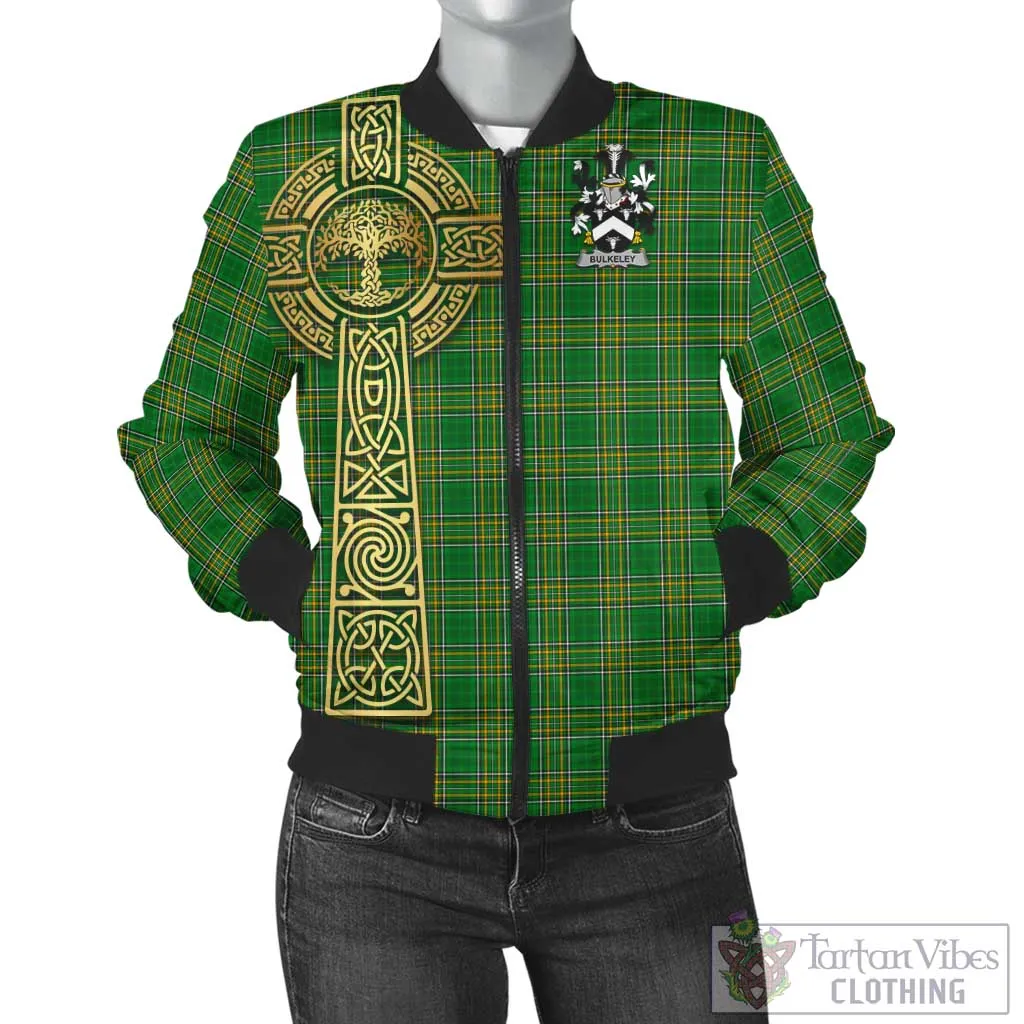 Bulkeley Irish Clan Tartan Bomber Jacket with Coat of Arms Celtic Tree of Life Style