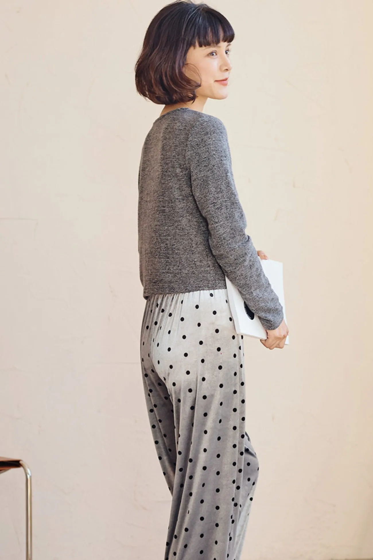 Cardigan Vest Velvet Polka Dots Long Pants Loungwear Suit