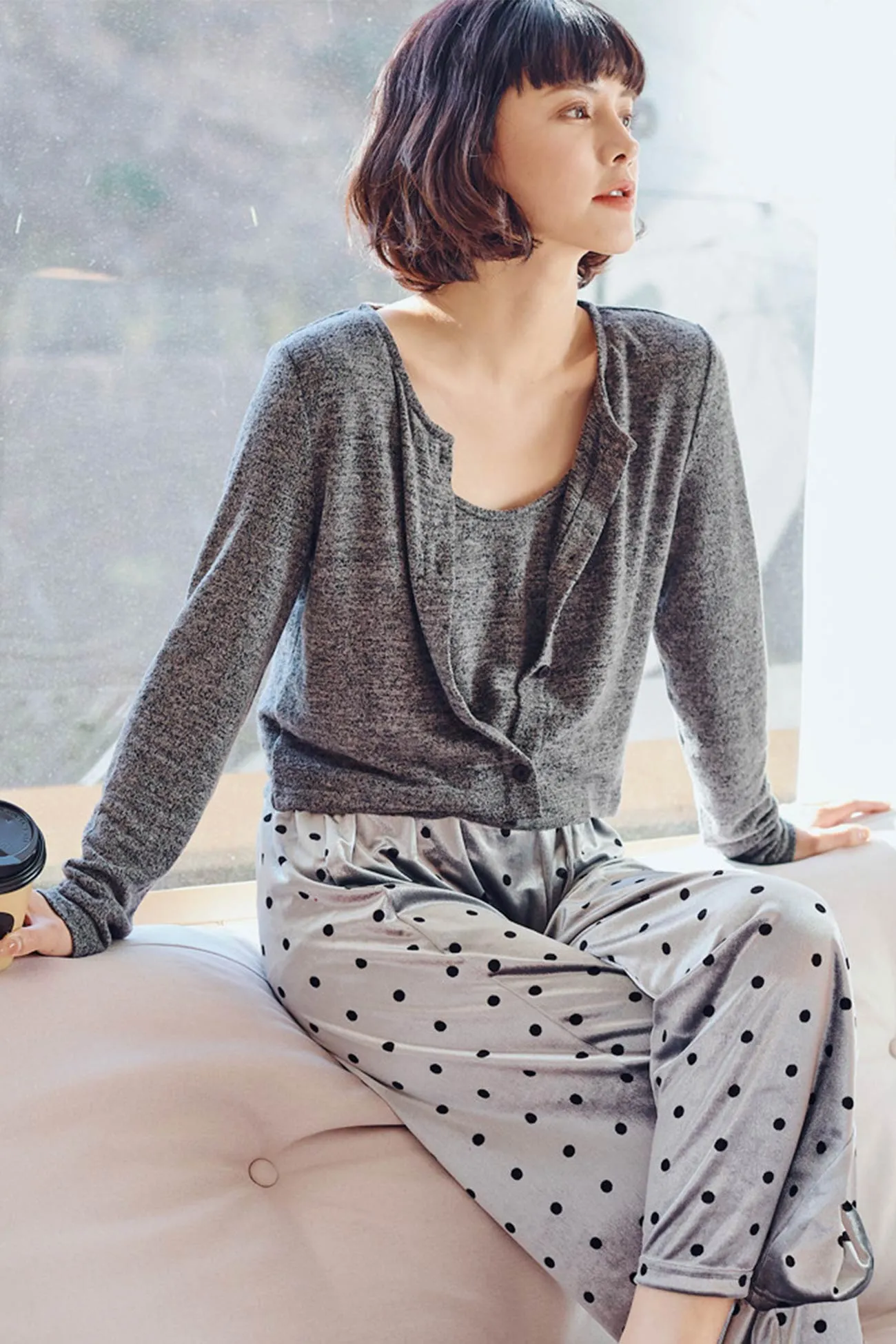 Cardigan Vest Velvet Polka Dots Long Pants Loungwear Suit